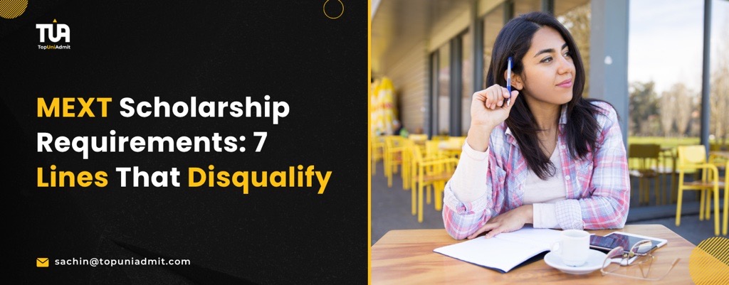 MEXT Scholarship requirements infographic banner for TopUniAdmit blog post showing 7 disqualifying lines