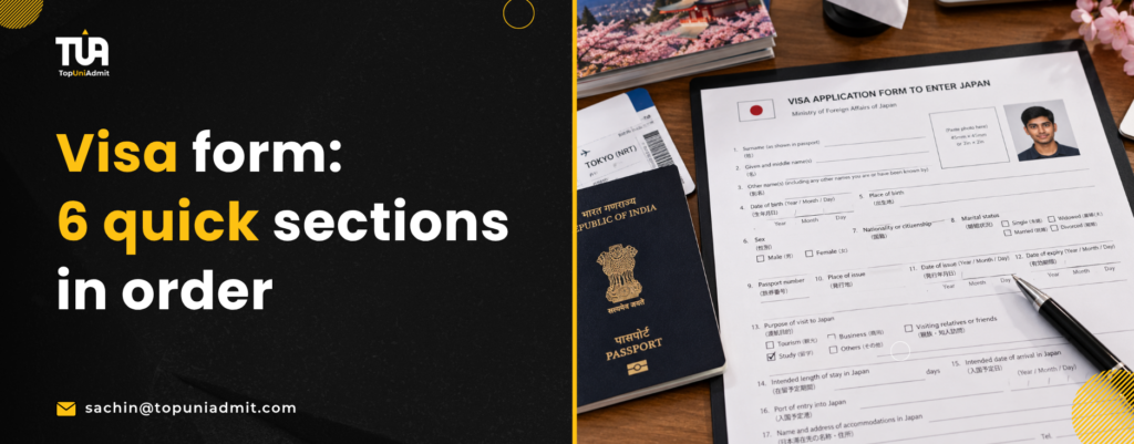 Japan visa application form on a desk beside an Indian passport, a COE printout and a 45mm by 35mm photo